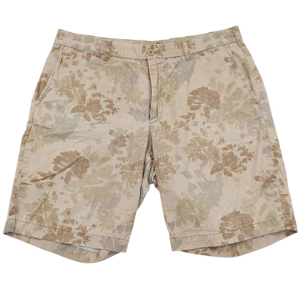 Uniqlo Shorts Mens Large Beige Floral Flat Front Cotton Casual Chinos Travel